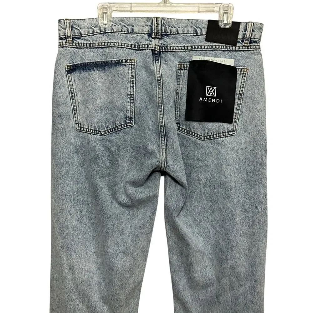 Amendi Straight Jeans Denim Distressed Button Zip Fly Blue Acid Wash M 36W NWT